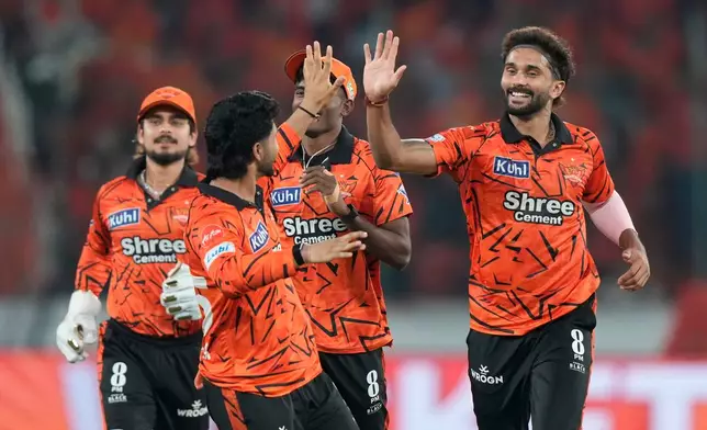 Sunrisers Hyderabad's Nitish Kumar Reddy celebrates the wicket of Punjab Kings' Prabhsimran Singh with teammates during the Indian Premier League cricket match between Sunrisers Hyderabad and Punjab Kings in Hyderabad, India, Wednesday, May 6, 2026. (AP Photo/Mahesh Kumar A.)