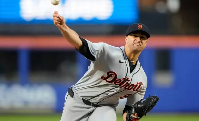 Detroit Tigers starting pitcher Jack Flaherty (9) throws during the second inning of a baseball game against the Detroit Tigers, Tuesday, May 12, 2026, in New York. (AP Photo/Yuki Iwamura)