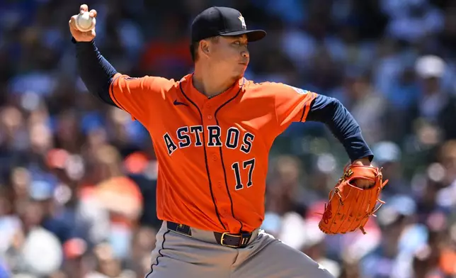 Houston Astros starter Kai-Wei Teng delivers a pitch during the first inning of a baseball game against the Chicago Cubs in Chicago, Saturday, May 23, 2026. (AP Photo/Paul Beaty)