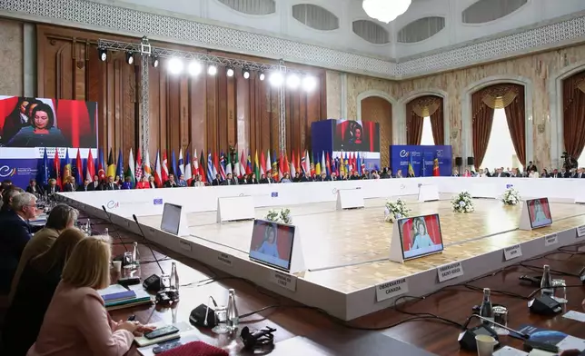 Participants attend the opening session of the 135th Ministerial Session of the Committee of Ministers of the Council of Europe in Chisinau, Moldova, Friday, May 15, 2026. (AP Photo/Elena Covalenco)