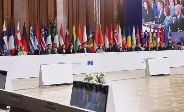 Participants attend the opening session of the 135th Ministerial Session of the Committee of Ministers of the Council of Europe in Chisinau, Moldova, Friday, May 15, 2026. (AP Photo/Elena Covalenco)