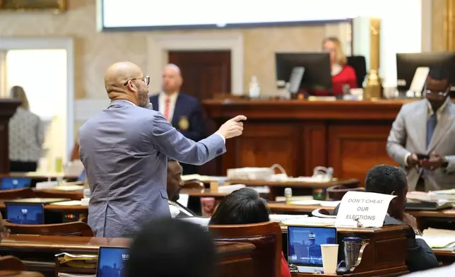 Democratic South Carolina Rep. John King asks a question during the House redistricting debate on Tuesday, May 19, 2026, in Columbia, S.C. (AP Photo/Jeffrey Collins)