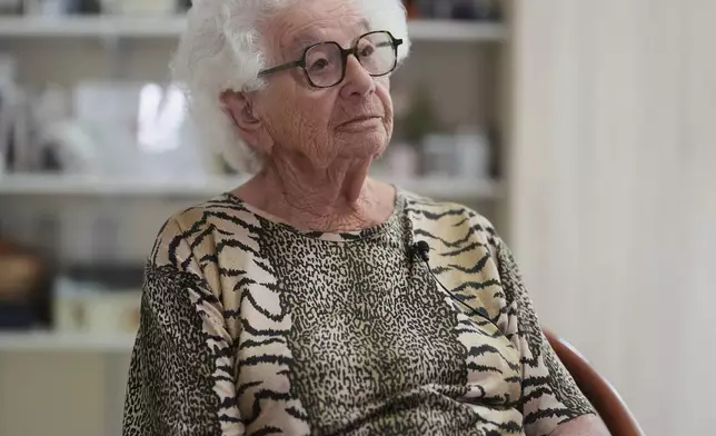 Auschwitz concentration camp survivor Esther Senot talks with Associated Press reporters at the National Institution of Invalides in Paris, on May 6, 2026.(AP Photo/Thibault Camus)