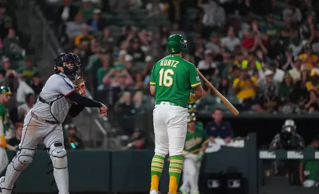 Athletics first baseman Nick Kurtz (16) tosses his bat after he was walked in the eighth inning of a baseball game against the Cleveland Guardians Friday, May 1, 2026, in West Sacramento, Calif. Cleveland Guardians catcher Bo Naylor is at left. (AP Photo/Alan Greth)