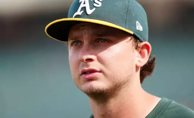 Athletics first baseman Nick Kurtz looks on before a baseball game against the Cleveland Guardians Friday, May 1, 2026, in West Sacramento, Calif. (AP Photo/Alan Greth)
