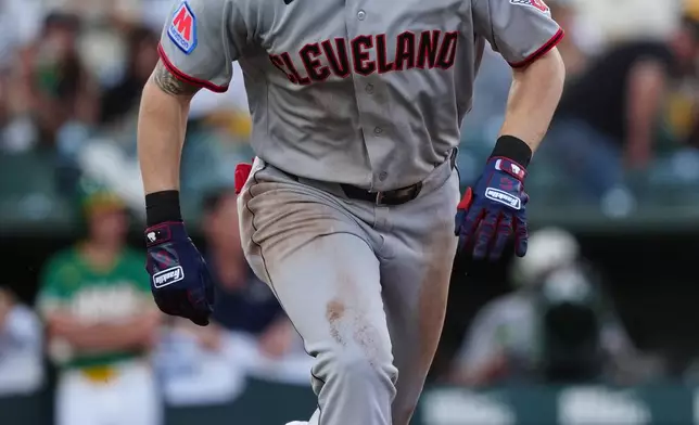 Cleveland Guardians' Chase DeLauter runs to first base after hitting a two-run RBI double during the second inning of a baseball game against the Athletics Friday, May 1, 2026, in West Sacramento, Calif. (AP Photo/Alan Greth)