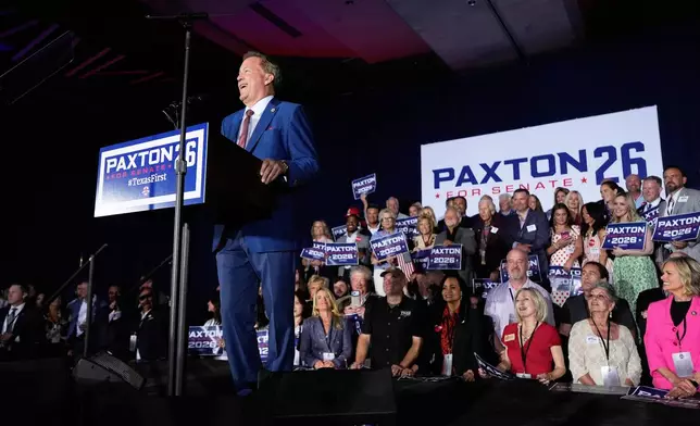 Texas Attorney General Ken Paxton, a Republican candidate for the U.S. Senate, speaks during a primary runoff election night event after winning the Republican party's nomination Tuesday, May 26, 2026, in Plano, Texas. (AP Photo/Tony Gutierrez)