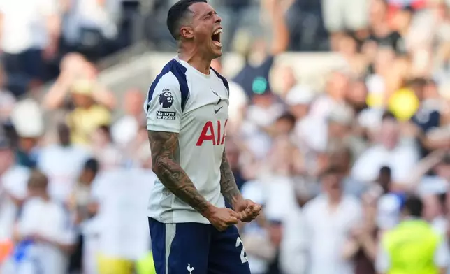 Tottenham's Pedro Porro celebrates after beating Everton during the English Premier League soccer match in London, England, Sunday, May 24, 2026. (AP Photo/Frank Augstein)