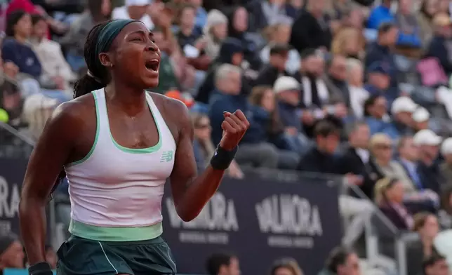 United States' Coco Gauff reacts as she plays against Ukraine's Elina Svitolina during their women's final match at the Italian Open tennis tournament in Rome, Saturday, May 16, 2026. (AP Photo/Andrew Medichini)