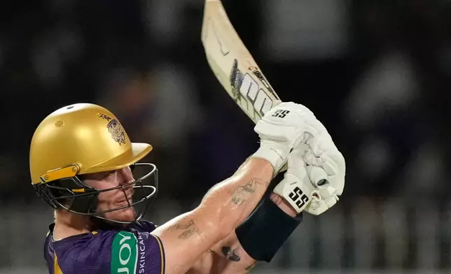 Kolkata Knight Riders' Finn Allen hits a six during the Indian Premier League cricket match between Gujarat Titans and Kolkata Knight Riders, in Kolkata , India, Saturday, May 16, 2026. (AP Photo/Bikas Das)