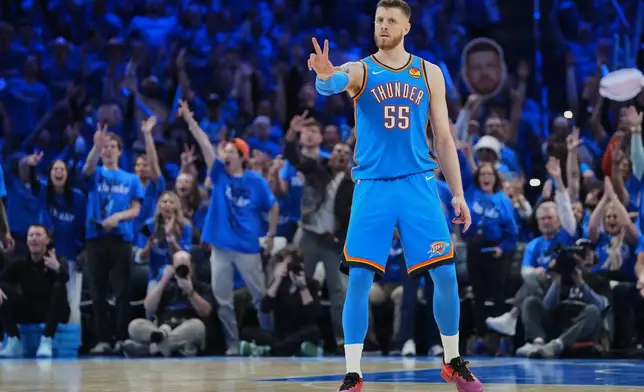 Oklahoma City Thunder center Isaiah Hartenstein (55) and fans celebrate a basket in the second half of Game 1 in a second-round NBA basketball playoffs series against the Los Angeles Lakers Tuesday, May 5, 2026 in Oklahoma City. (AP Photo/Kyle Phillips)