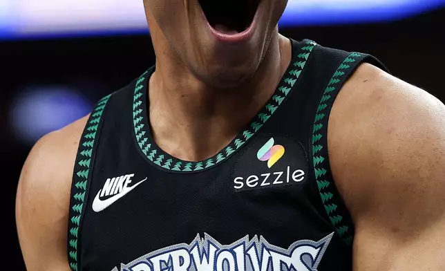 Minnesota Timberwolves guard Jaylen Clark (22) celebrates a basket against the Denver Nuggets during the second half of Game 6 of a first-round NBA basketball playoffs series, Thursday, April 30, 2026, in Minneapolis. (AP Photo/Matt Krohn)