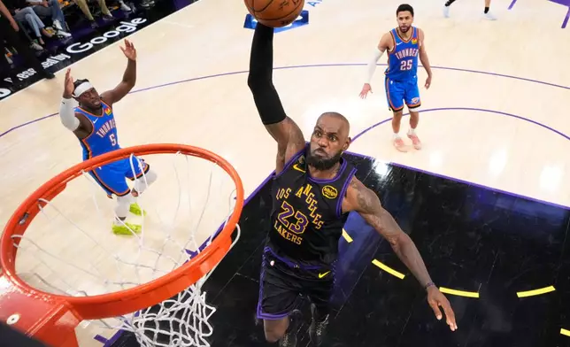 Los Angeles Lakers forward LeBron James, center, goes up for a dunk as Oklahoma City Thunder guard Luguentz Dort, left, and guard Ajay Mitchell watch during the second half of Game 4 in a second-round NBA basketball playoffs series Monday, May 11, 2026, in Los Angeles. (AP Photo/Mark J. Terrill)