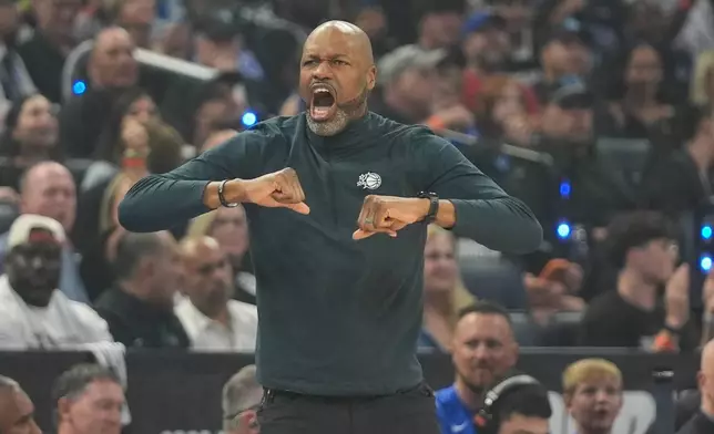 Orlando Magic head coach Jamahl Mosley directs his team against the Detroit Pistons during the first half in Game 6 of a first-round NBA basketball playoffs series, Friday, May 1, 2026, in Orlando, Fla. (AP Photo/John Raoux)