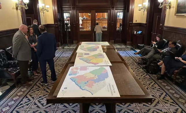 Maps for new congressional districts in South Carolina are shown in the South Carolina Senate antechamber on Friday, May 22, 2026, in Columbia, S.C. (AP Photo/Jeffrey Collins)
