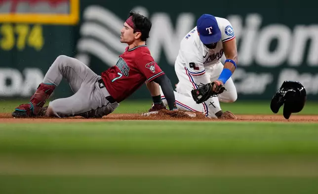 Arizona Diamondbacks' Corbin Carroll slides safely into second with a double as Texas Rangers second baseman Ezequiel Duran attempts to make the tag in the first inning of a baseball game Monday, May 11, 2026, in Arlington, Texas. (AP Photo/Tony Gutierrez)