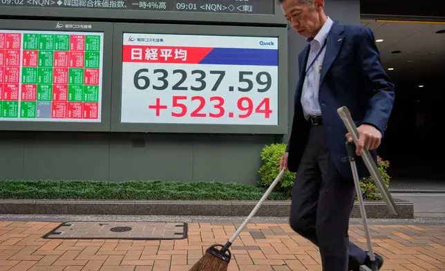 A man sweeps in front of an electronic stock board showing Japan's Nikkei index at a securities firm Monday, May 11, 2026, in Tokyo. (AP Photo/Eugene Hoshiko)