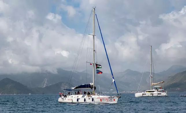 Boats belonging to the Global Sumud Flotilla, carrying activists and humanitarian aid, prepare to depart for Gaza from the port of Marmaris, Turkey, Thursday, May 14, 2026, in an attempt to break the Israeli naval blockade. (AP Photo/Murat Kocabas)