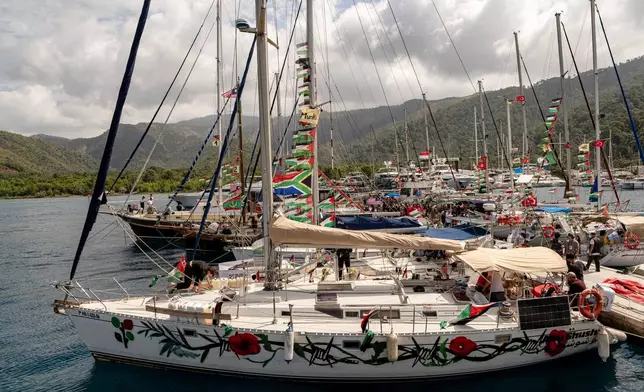 Boats belonging to the Global Sumud Flotilla, carrying activists and humanitarian aid, prepare to depart for Gaza from the port of Marmaris, Turkey, Thursday, May 14, 2026, in an attempt to break the Israeli naval blockade. (AP Photo/Murat Kocabas)