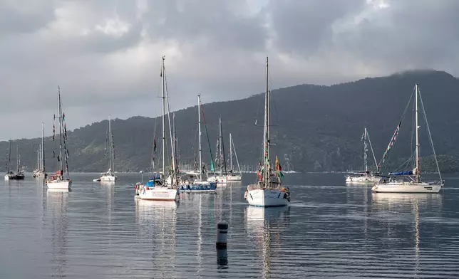 Boats belonging to the Global Sumud Flotilla, carrying activists and humanitarian aid, prepare to depart for Gaza from the port of Marmaris, Turkey, Thursday, May 14, 2026, in an attempt to break the Israeli naval blockade. (AP Photo/Murat Kocabas)