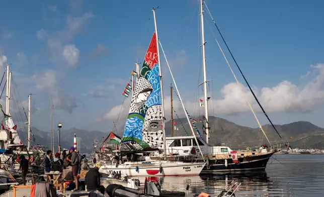 Boats belonging to the Global Sumud Flotilla, carrying activists and humanitarian aid, prepare to depart for Gaza from the port of Marmaris, Turkey, Thursday, May 14, 2026, in an attempt to break the Israeli naval blockade. (AP Photo/Murat Kocabas)