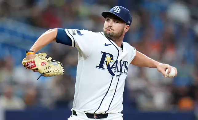 Tampa Bay Rays pitcher Shane McClanahan strikes out Baltimore Orioles' Pete Alonso for his 500th career strike out during the third inning of a baseball game Monday, May 18, 2026, in St. Petersburg, Fla. (AP Photo/Chris O'Meara)