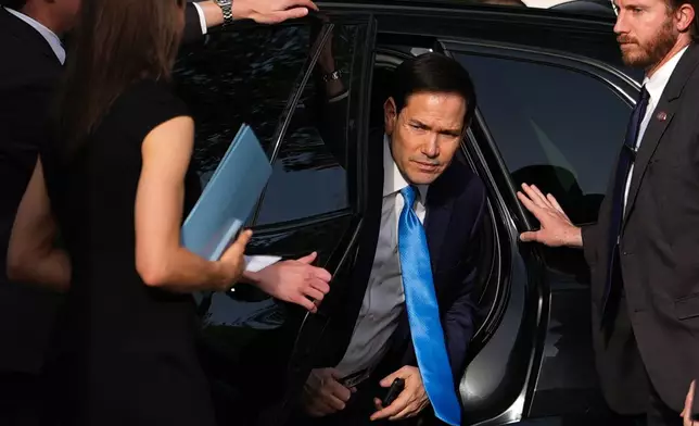 United States Secretary of State Marco Rubio arrives at a dedication ceremony for an annex building at the U.S. Embassy in New Delhi, India, Saturday, May 23, 2026. (AP Photo/Julia Demaree Nikhinson, Pool)