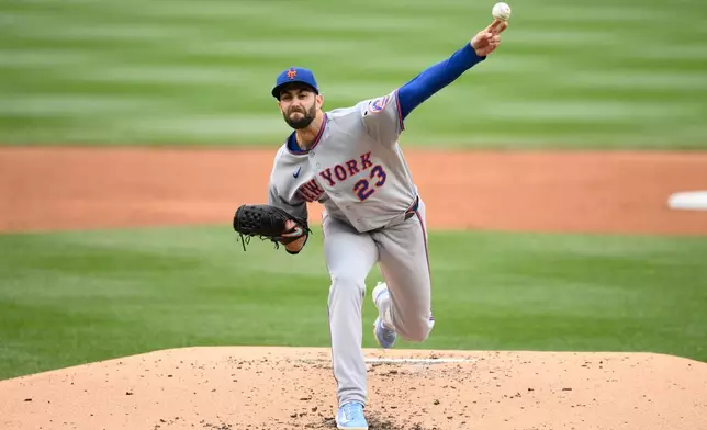 New York Mets pitcher David Peterson throws during the second inning of a baseball game against the Washington Nationals, Thursday, May 21, 2026, in Washington. (AP Photo/Nick Wass)