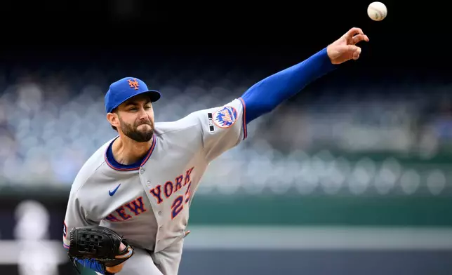 New York Mets pitcher David Peterson throws during the first inning of a baseball game against the Washington Nationals, Thursday, May 21, 2026, in Washington. (AP Photo/Nick Wass)
