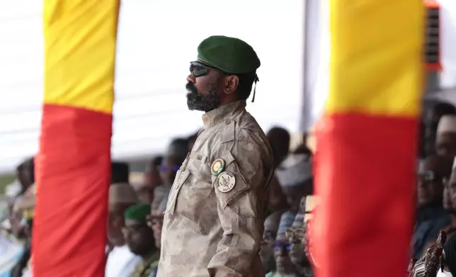 Mali's junta leader Gen. Assimi Goita attends the funeral of former defense minister Sadio Camara at the Military Engineering Parade Ground in Bamako, Mali, Thursday, April 30, 2026. (AP Photo/Boubacary Bocoum)