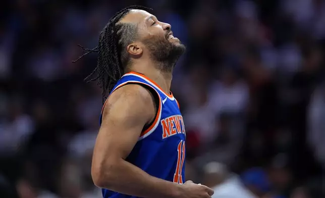 New York Knicks' Jalen Brunson reacts during the second half of Game 3 in a second-round NBA basketball playoff series against the Philadelphia 76ers Friday, May 8, 2026, in Philadelphia. (AP Photo/Matt Slocum)