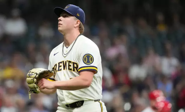 Milwaukee Brewers' Kyle Harrison looks on as he walks to the dugout during the sixth inning of a baseball game against the St. Louis Cardinals, Tuesday, May 26, 2026, in Milwaukee. (AP Photo/Aaron Gash)