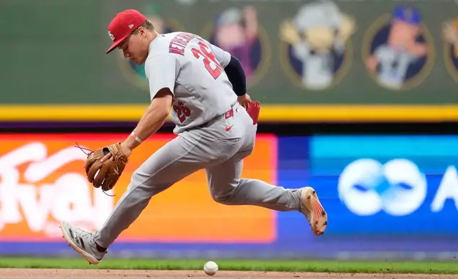 St. Louis Cardinals' JJ Wetherholt is unable to field a ground ball hit by Milwaukee Brewers' Christian Yelich during the sixth inning of a baseball game Tuesday, May 26, 2026, in Milwaukee. (AP Photo/Aaron Gash)