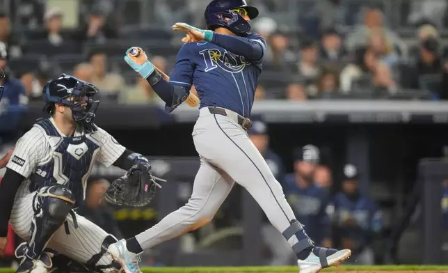 Tampa Bay Rays' Richie Palacios, right, hits an RBI single during the eighth inning of a baseball game against the New York Yankees, Friday, May 22, 2026, in New York. (AP Photo/Yuki Iwamura)