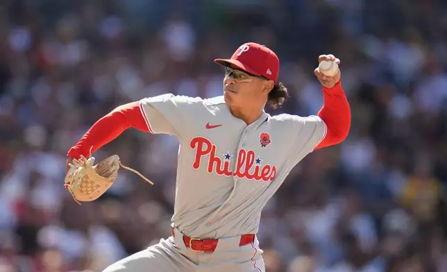 Philadelphia Phillies starting pitcher Jesús Luzardo works against a San Diego Padres batter during the second inning of a baseball game Monday, May 25, 2026, in San Diego. (AP Photo/Gregory Bull)