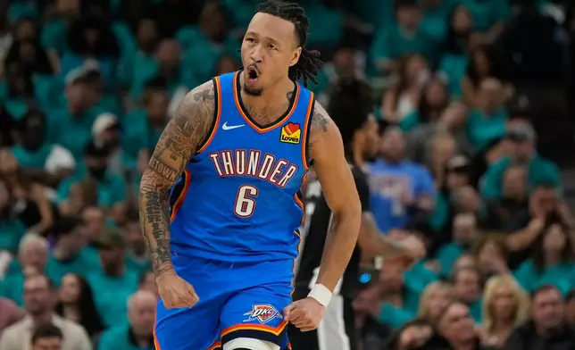 Oklahoma City Thunder forward Jaylin Williams (6) celebrates after making a 3-point shot during the first half of Game 3 in the Western Conference finals NBA basketball playoffs series against the San Antonio Spurs Friday, May 22, 2026, in San Antonio. (AP Photo/Ashley Landis)