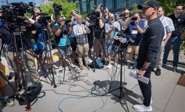 Green Bay Packers' Green Bay Packers head coach Matt LaFleur talks to the media before NFL football practice, Wednesday, May 27, 2026, in Green Bay, Wis. (AP Photo/Mike Roemer)