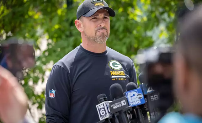 Green Bay Packers' Green Bay Packers head coach Matt LaFleur talks to the media before NFL football practice, Wednesday, May 27, 2026, in Green Bay, Wis. (AP Photo/Mike Roemer)