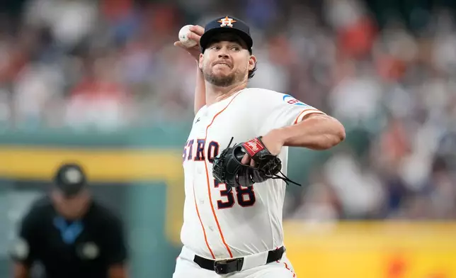 Houston Astros starting pitcher Peter Lambert delivers to Milwaukee Brewers' Christian Yelich during the first inning of a baseball game, Saturday, May 30, 2026, in Houston. (AP Photo/Karen Warren)