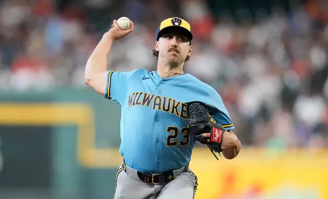 Milwaukee Brewers starting pitcher Brandon Sproat delivers to Houston Astros' Jeremy Pena during the first inning of a baseball game, Saturday, May 30, 2026, in Houston. (AP Photo/Karen Warren)