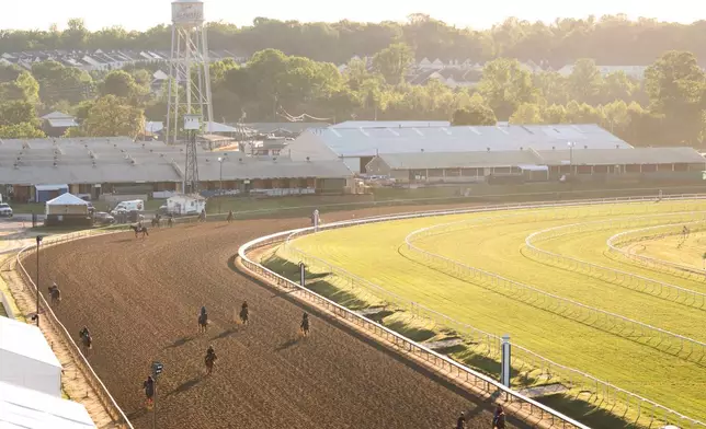 Horses work out at Laurel Park during sunrise, Friday, May 8, 2026, in Laurel, Md. (AP Photo/Julia Demaree Nikhinson)