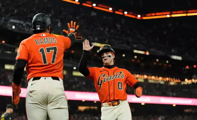 San Francisco Giants' Drew Gilbert (0) celebrates with Heliot Ramos (17) after scoring against the Pittsburgh Pirates on Luis Arraez's single during the seventh inning of a baseball game Friday, May 8, 2026, in San Francisco. (AP Photo/Godofredo A. Vásquez)