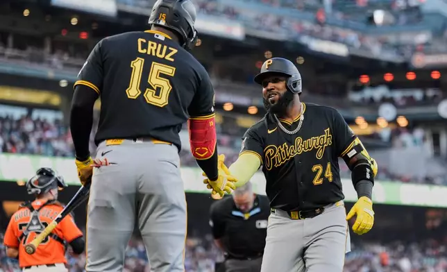 Pittsburgh Pirates' Marcell Ozuna (24) celebrates with Oneil Cruz (15) after hitting a solo home run during the second inning of a baseball game against the San Francisco Giants, Friday, May 8, 2026, in San Francisco. (AP Photo/Godofredo A. Vásquez)