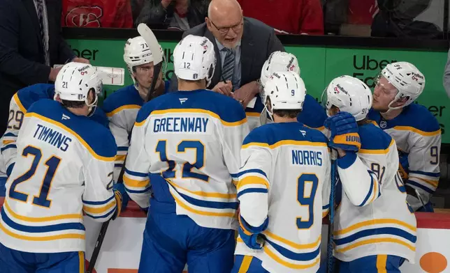 Buffalo Sabres head coach Lindy Ruff speaks to his team in the final minutes of play against the Montreal Canadiens during third period second round, Game 4, NHL playoff action in Montreal on Tuesday, May 12, 2026. (Christinne Muschi/The Canadian Press via AP)