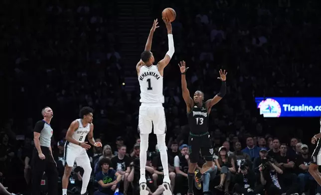 San Antonio Spurs forward Victor Wembanyama (1) shoots over Minnesota Timberwolves guard Ayo Dosunmu (13) during the first half of Game 6 of an NBA basketball second-round playoffs series in Minneapolis, Friday, May 15, 2026. (AP Photo/Abbie Parr)