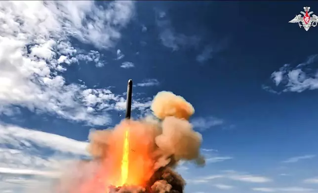 In this image made from video provided by Russian Defense Ministry Press Service on Tuesday, May 12, 2026, Russia's new Sarmat intercontinental ballistic missile is test launched at an unspecified location in Russia. (Russian Defense Ministry Press Service via AP)