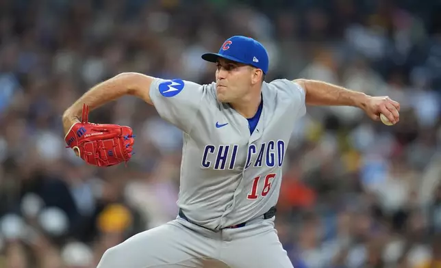 Chicago Cubs starting pitcher Matthew Boyd works against a San Diego Padres batter during the second inning of a baseball game Monday, April 27, 2026, in San Diego. (AP Photo/Gregory Bull)