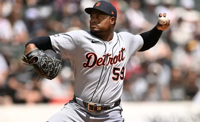 Detroit Tigers starter Framber Valdez delivers a pitch during the first inning of a baseball game against the Chicago White Sox in Chicago, Saturday, May 30, 2026. (AP Photo/Paul Beaty)