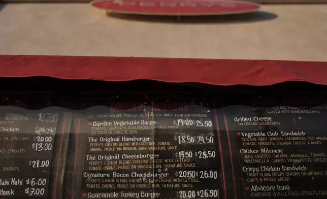 Menu prices are displayed at a cafe in Santa Monica, Calif., Wednesday, May 20, 2026. (AP Photo/Jae C. Hong)