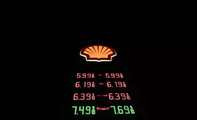 Gas prices are shown at a Shell gas station in Hacienda Heights, Calif., Wednesday, May 20, 2026. (AP Photo/Jae C. Hong)